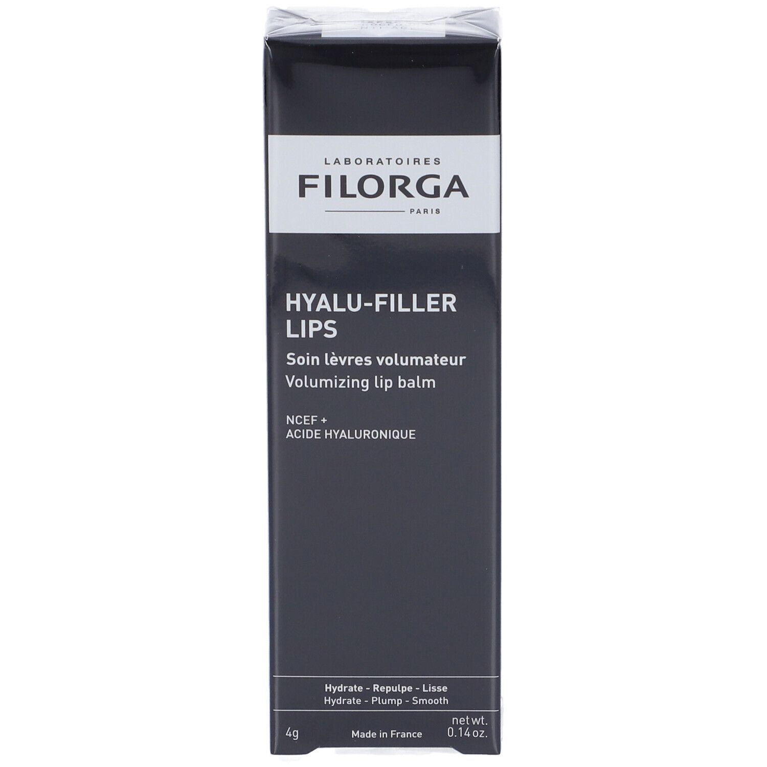 Filorga Hyalu-Filler Lips Balsamo Labbra. Confezione nera con informazioni sul prodotto. Testo bianco.