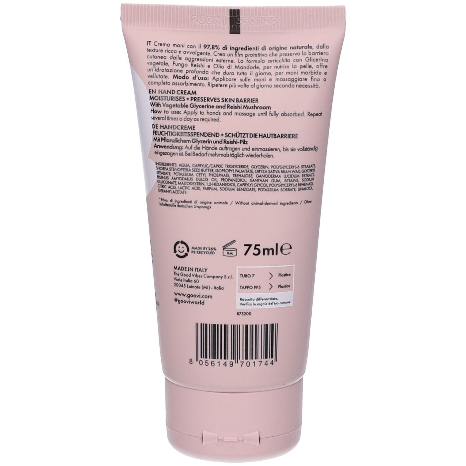 Retro del tubo con testo, ingredienti e indicazione 75ml. Con simboli di riciclo.
