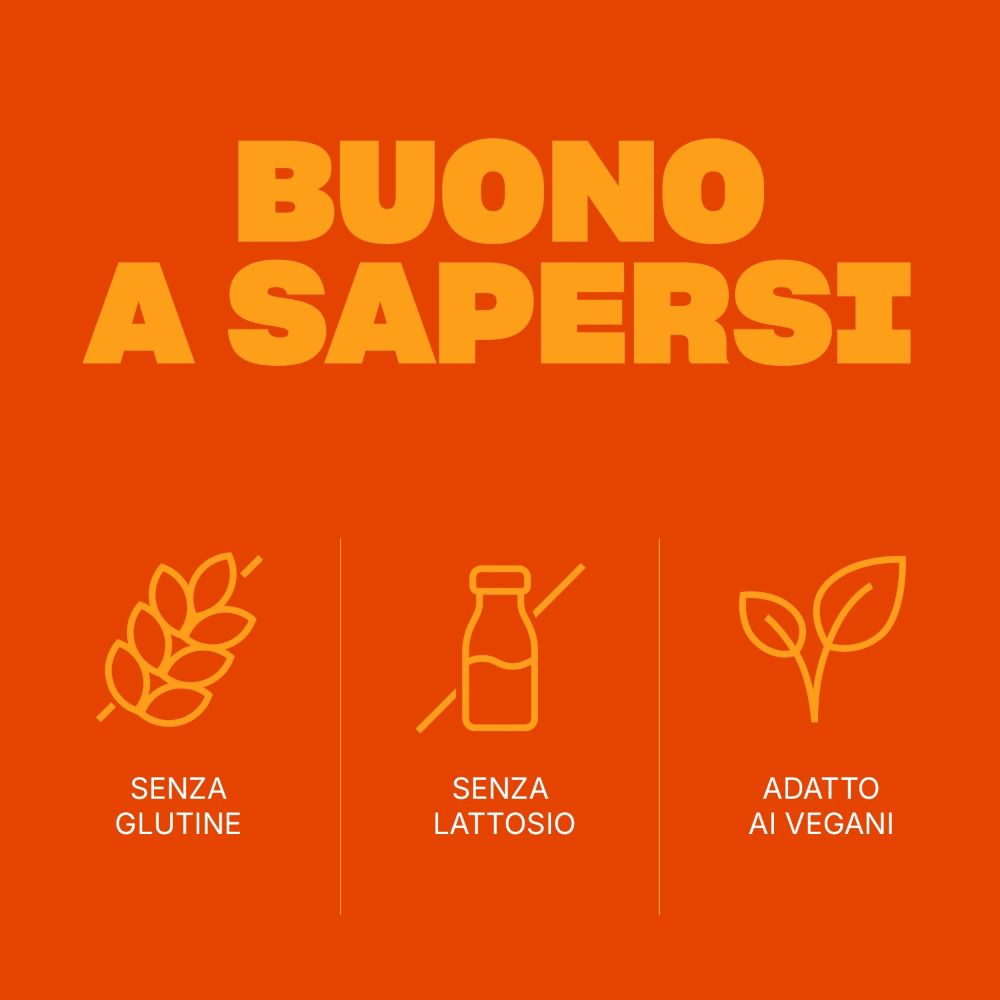 Testo su sfondo arancione: Senza glutine, senza lattosio, adatto ai vegani. Simboli.