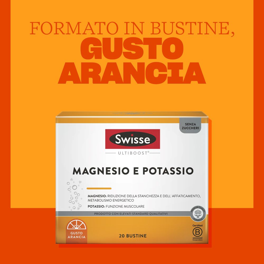 Confezione Swisse Magnesio e Potassio. Sfondo arancione. Testo: 20 Bustine, Gusto Arancia.