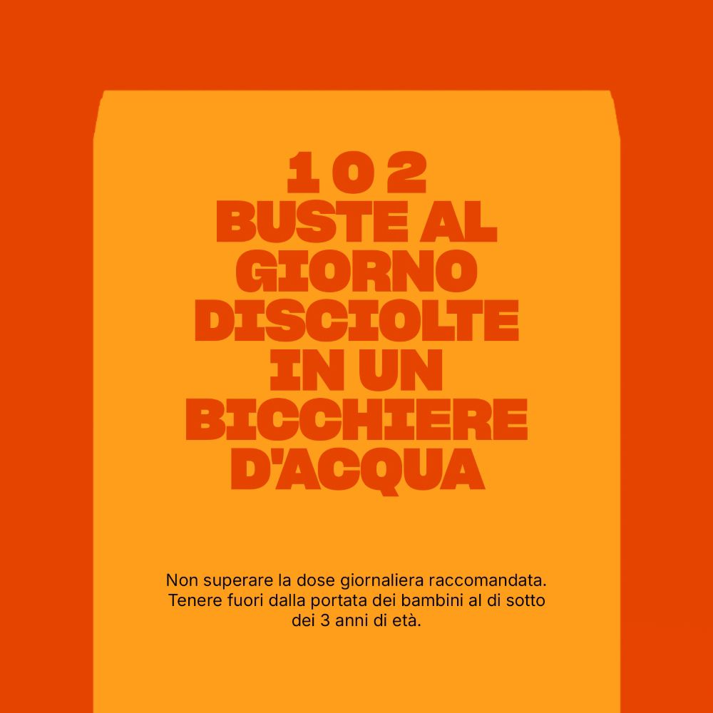 Testo su sfondo arancione: Sciogliere 1-2 bustine al giorno in un bicchiere d'acqua. Non superare la dose.