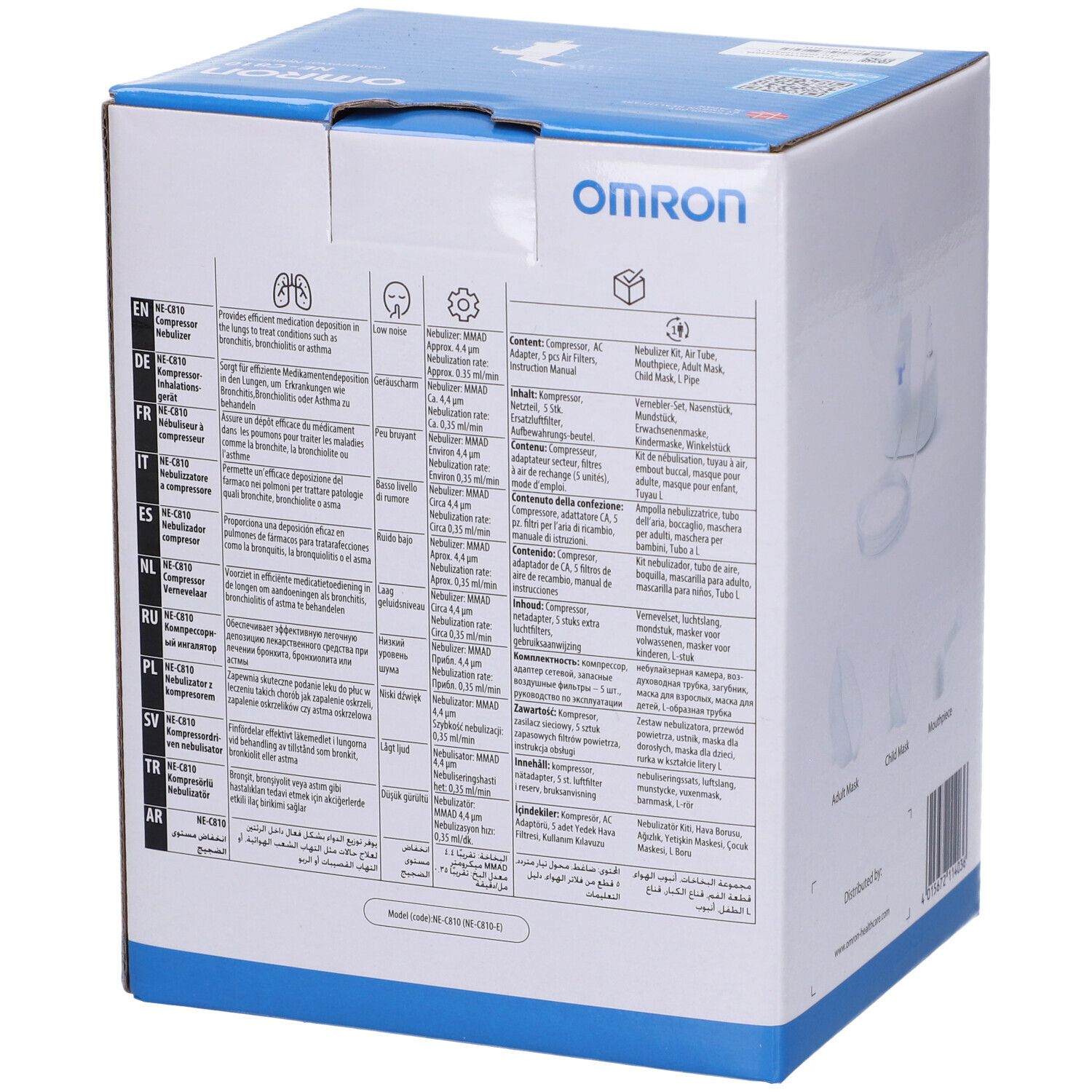 Vista laterale della confezione OMRON NE-C810 con informazioni prodotto multilingue.