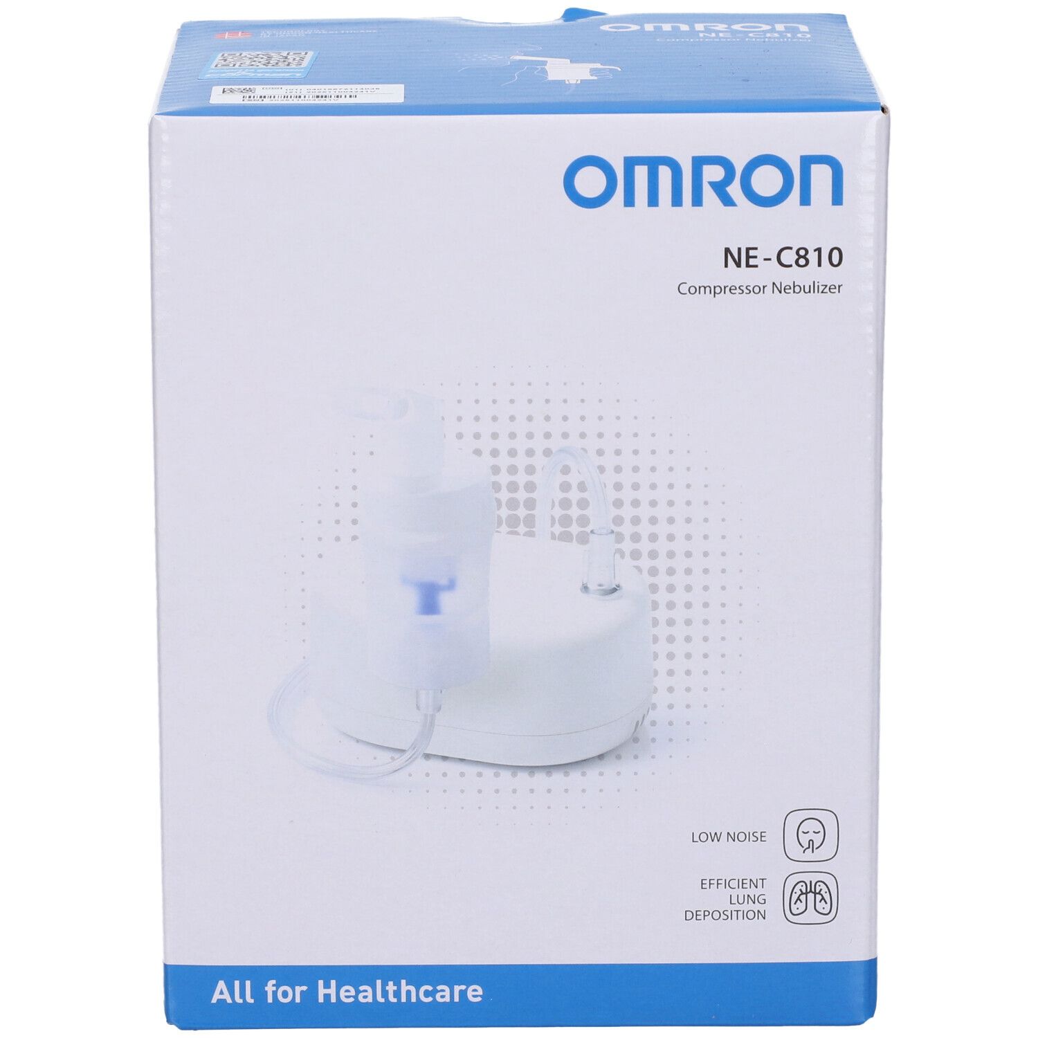 Confezione OMRON NE-C810 Compressore Nebulizzatore con immagine del prodotto e informazioni del produttore.