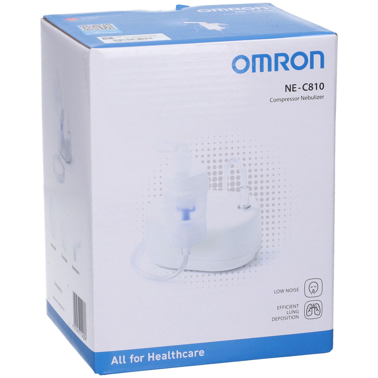 Confezione OMRON NE-C810 Compressore Nebulizzatore con immagine del prodotto e informazioni del produttore.