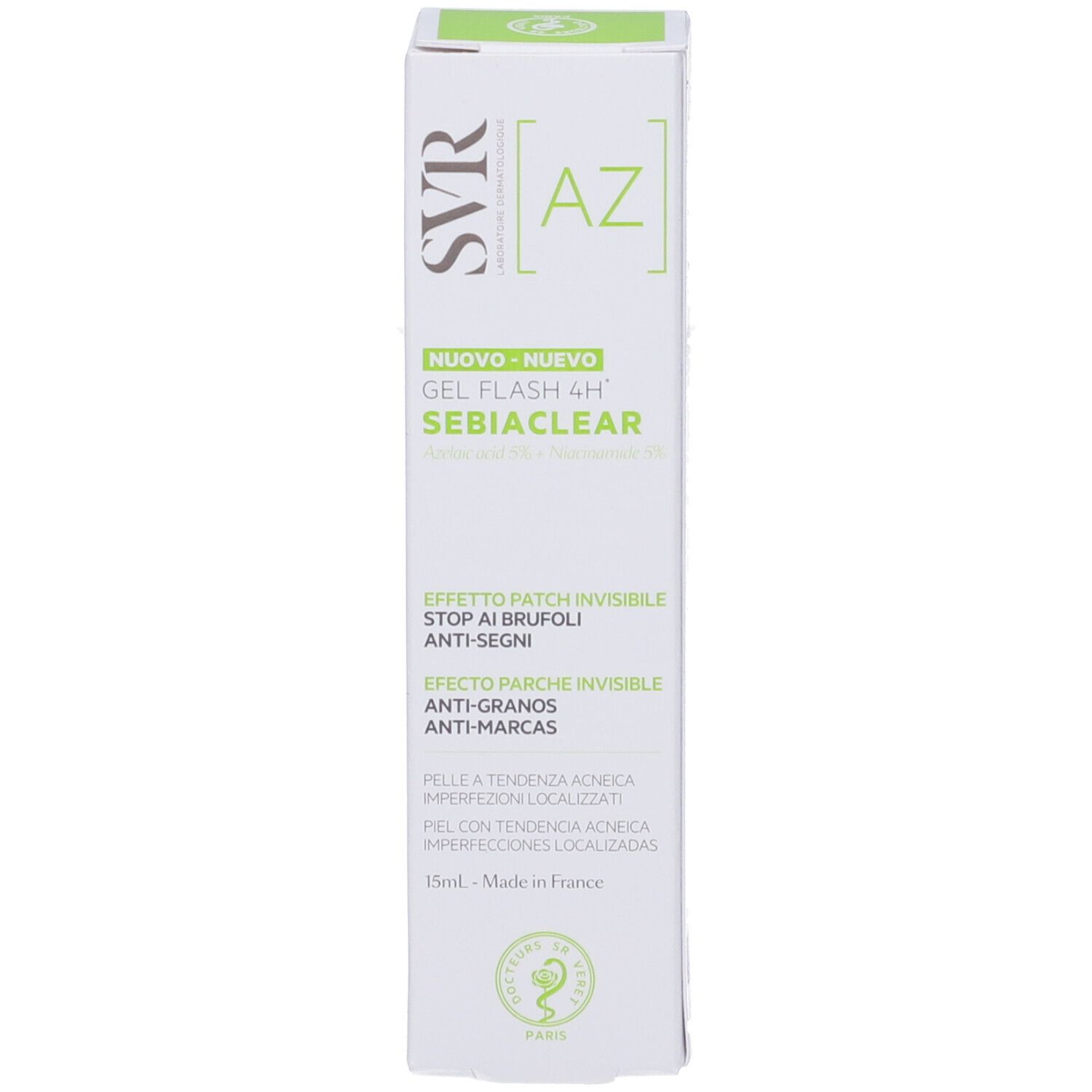 Confezione bianca con stampa verde. Nome del prodotto: SVR Sebiaclear Gel Flash 4H. Testo in più lingue. Forma quadrata.