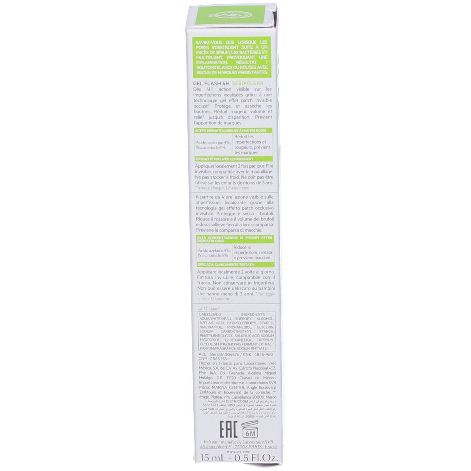 Retro della confezione del prodotto. Testo in più lingue. Contiene informazioni sull'uso e sugli ingredienti. Forma quadrata.