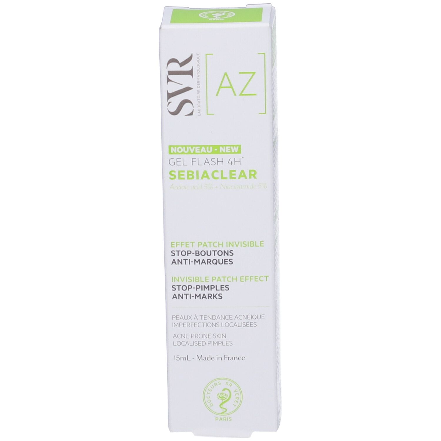 Confezione del prodotto. Confezione bianca con stampa verde. Nome del prodotto: SVR Sebiaclear Gel Flash 4H. Forma quadrata.