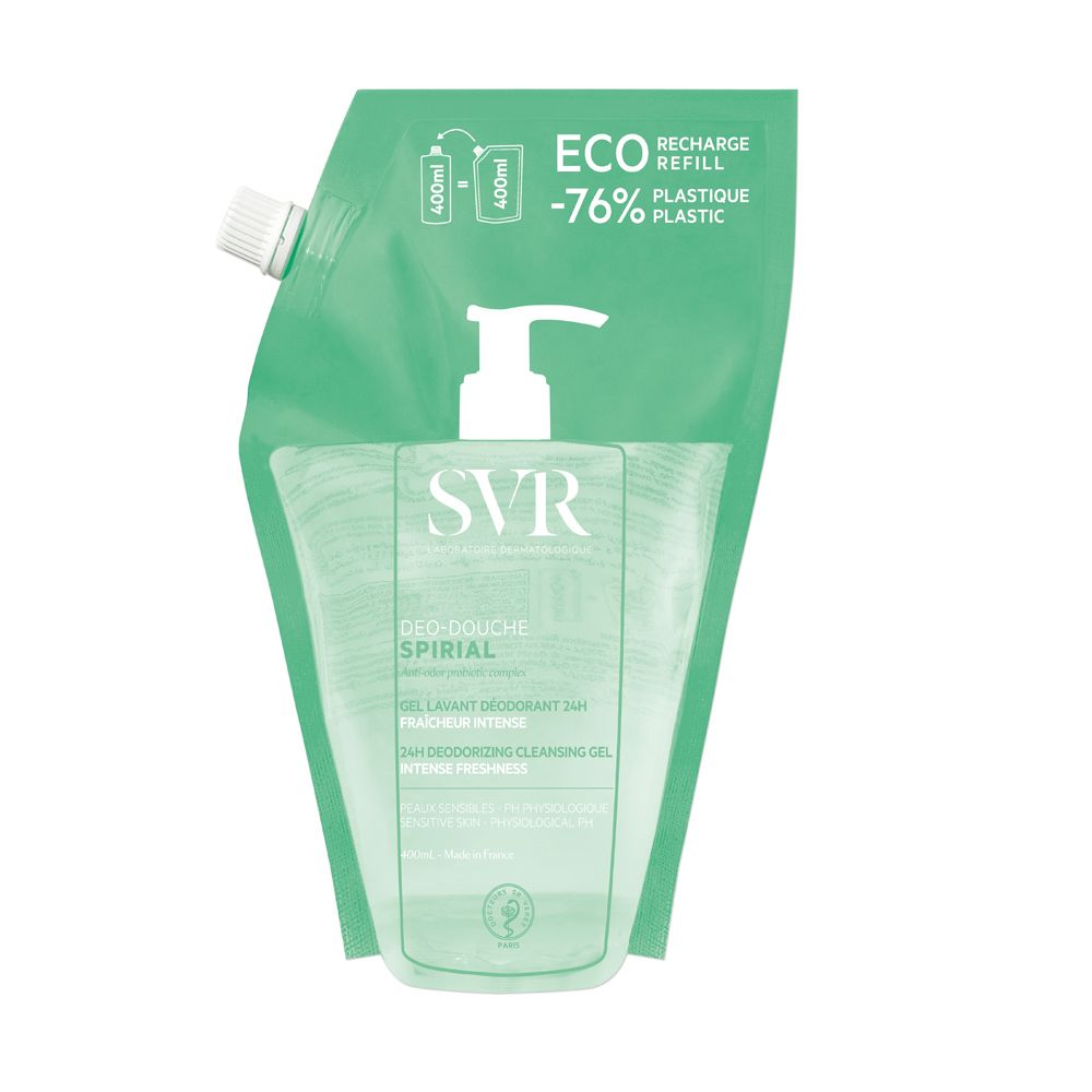 Ricarica con pompa. Scritta SVR, Spirial, Deo Douche. Confezione verde trasparente. ECO RECHARGE -76% PLASTIQUE.