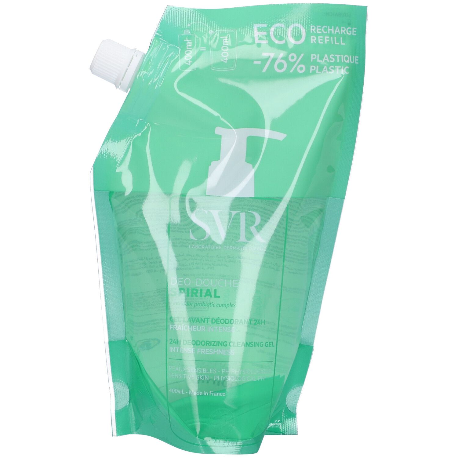 Ricarica verde trasparente con pompa. Scritta SVR, Spirial, Deo Douche. ECO RECHARGE -76% PLASTIQUE. Vista obliqua.
