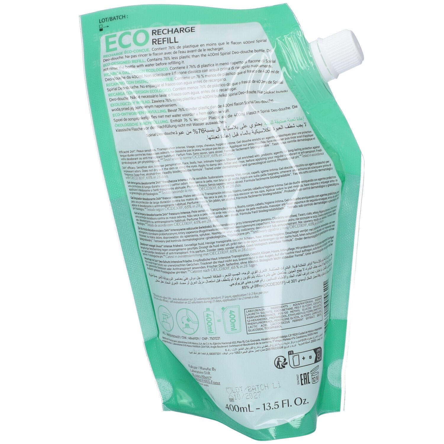 Retro della ricarica. Testo multilingue. ECO RECHARGE. 400ml - 13.5 FL. OZ. Confezione verde trasparente.