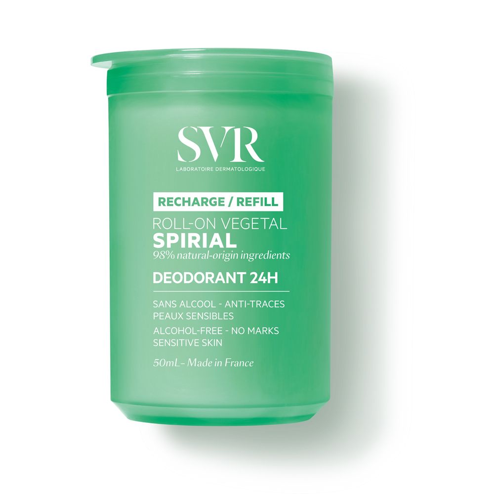 Contenitore roll-on verde. Scritte: SVR, Recharge/Refill, Roll-on Vegetal Spirial, Deodorante 24H. Senza alcool, pelli sensibili.