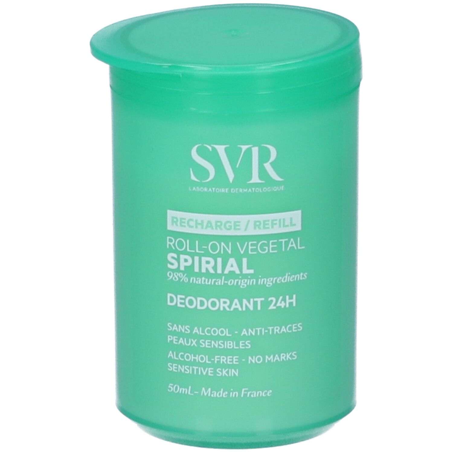 Contenitore roll-on verde. Scritte: SVR, Recharge/Refill, Roll-on Vegetal Spirial, Deodorante 24H. Senza alcool, pelli sensibili.