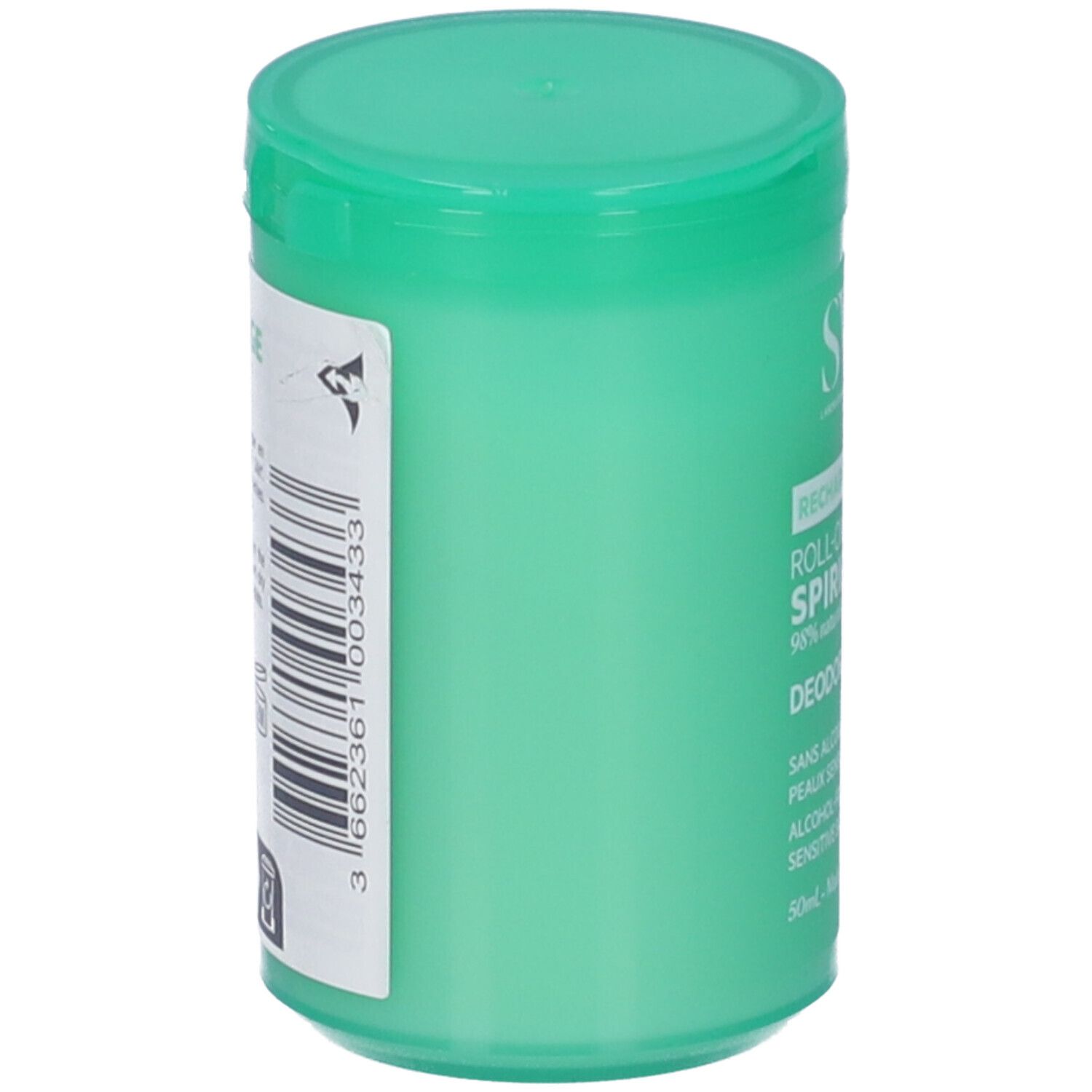 Contenitore roll-on verde, vista laterale. Codice a barre e testo. Scritte: SVR, Recharge/Refill, Roll-on Vegetal Spirial, Deodorante 24H.