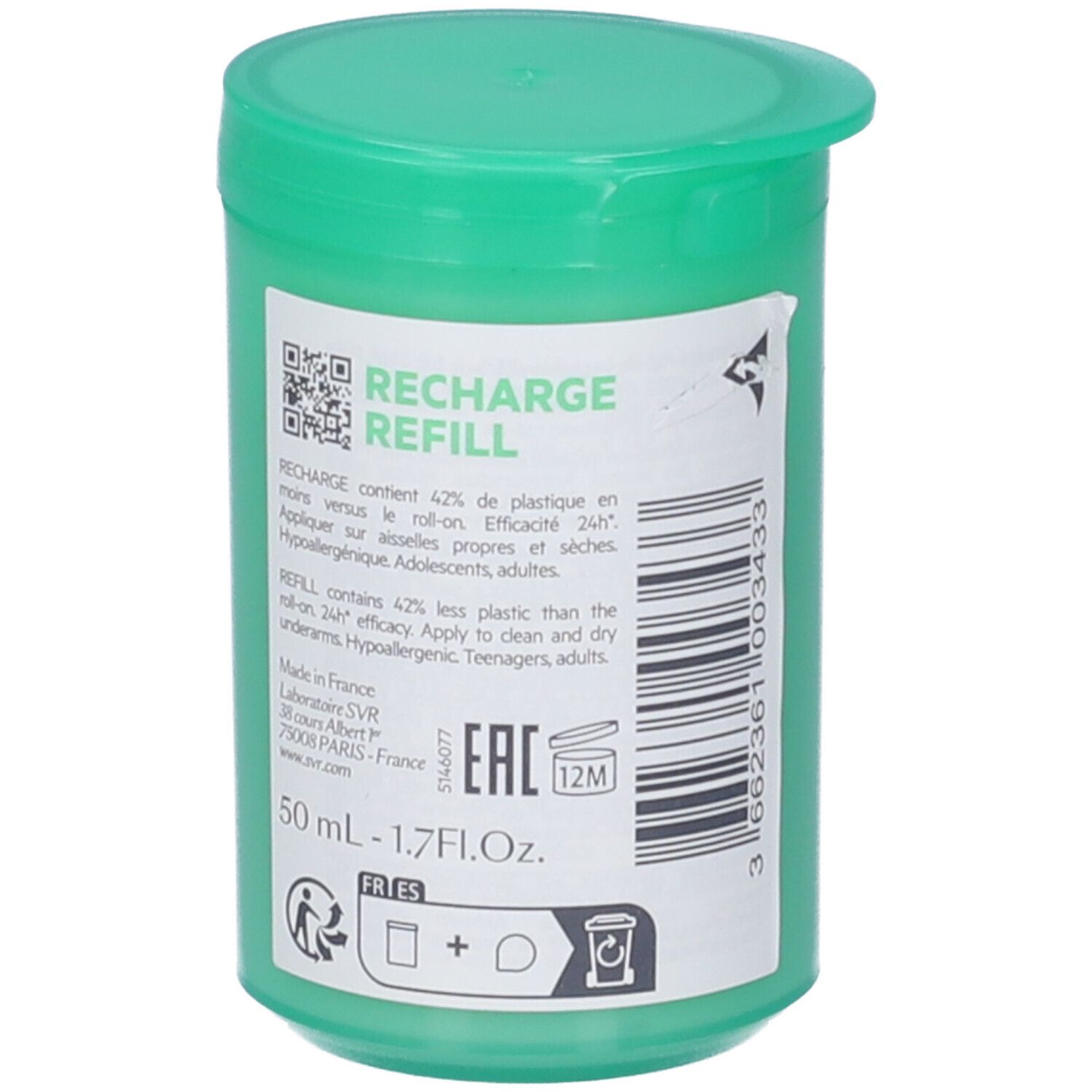 Contenitore roll-on verde, retro. Testo e QR code. Scritte: SVR, Recharge/Refill, Deodorante 24H. 50 ml. Made in France.