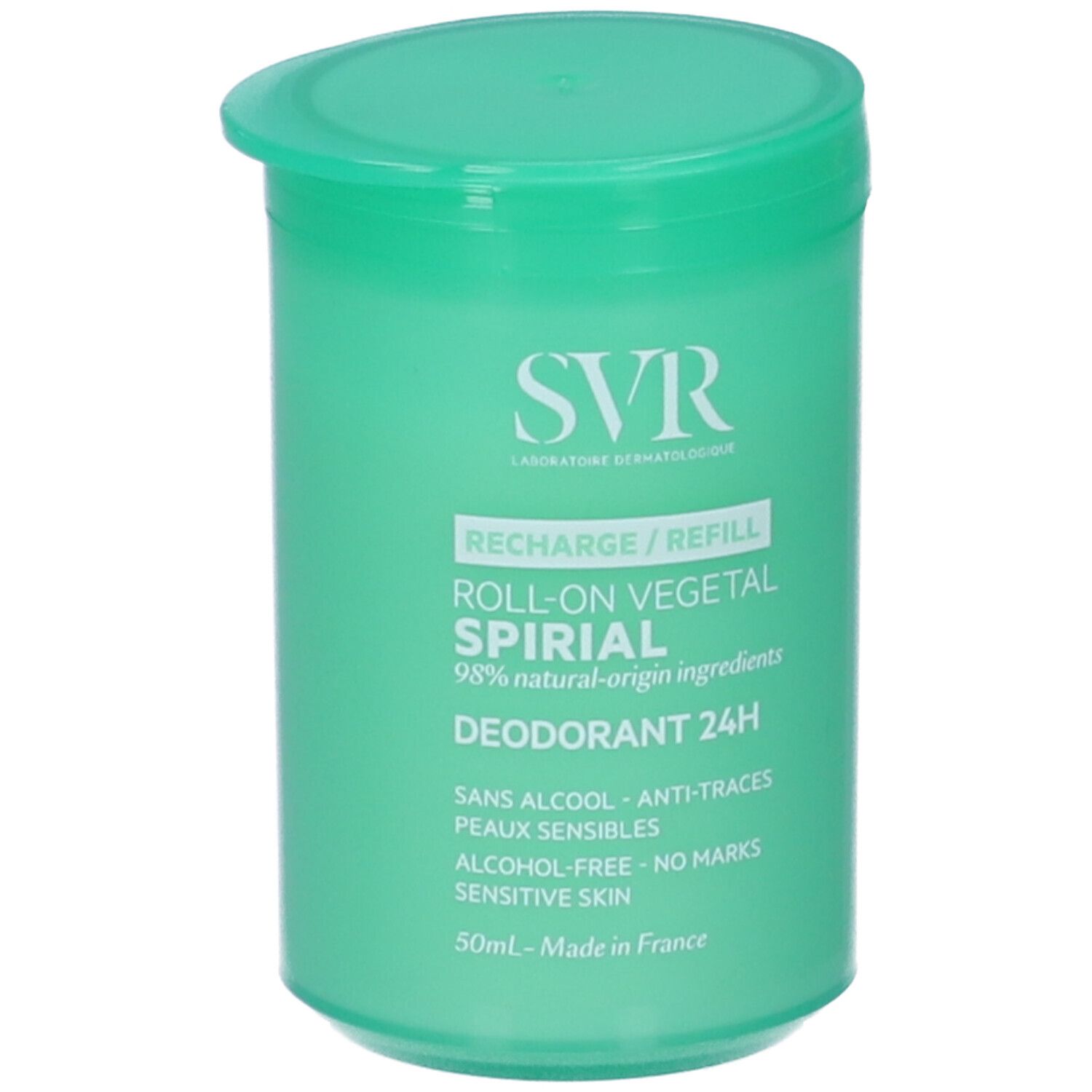 Contenitore roll-on verde. Scritte: SVR, Recharge/Refill, Roll-on Vegetal Spirial, Deodorante 24H. Senza alcool, pelli sensibili.