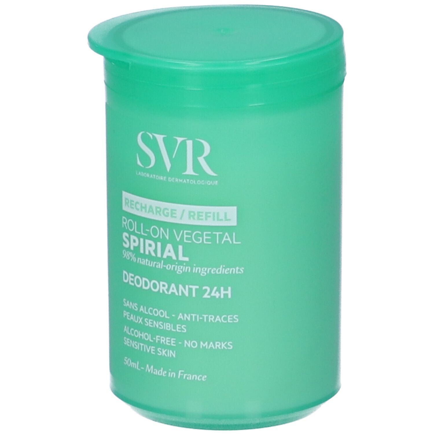 Contenitore roll-on verde. Scritte: SVR, Recharge/Refill, Roll-on Vegetal Spirial, Deodorante 24H. Senza alcool, pelli sensibili.