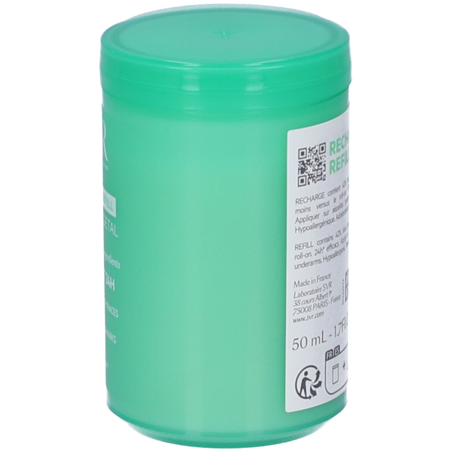 Contenitore roll-on verde, retro. Testo e QR code. Scritte: SVR, Recharge/Refill, Deodorante 24H. 50 ml. Made in France.