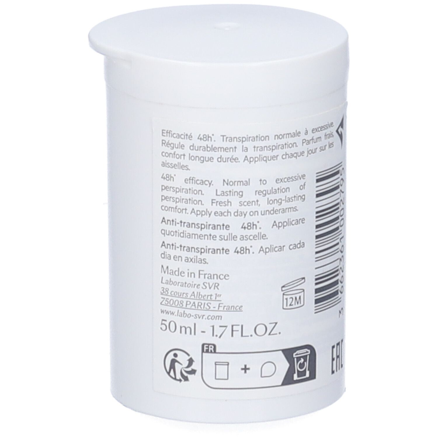 Contenitore roll-on bianco con logo SVR e nome del prodotto. Anti-traspirante 48h. Senza alcool, pelli sensibili.