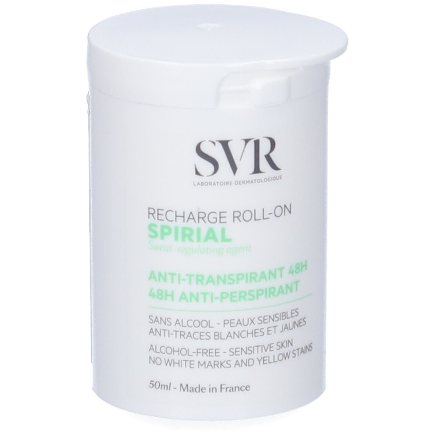 Contenitore roll-on bianco con logo SVR e nome del prodotto. Anti-traspirante 48h. Senza alcool, pelli sensibili.