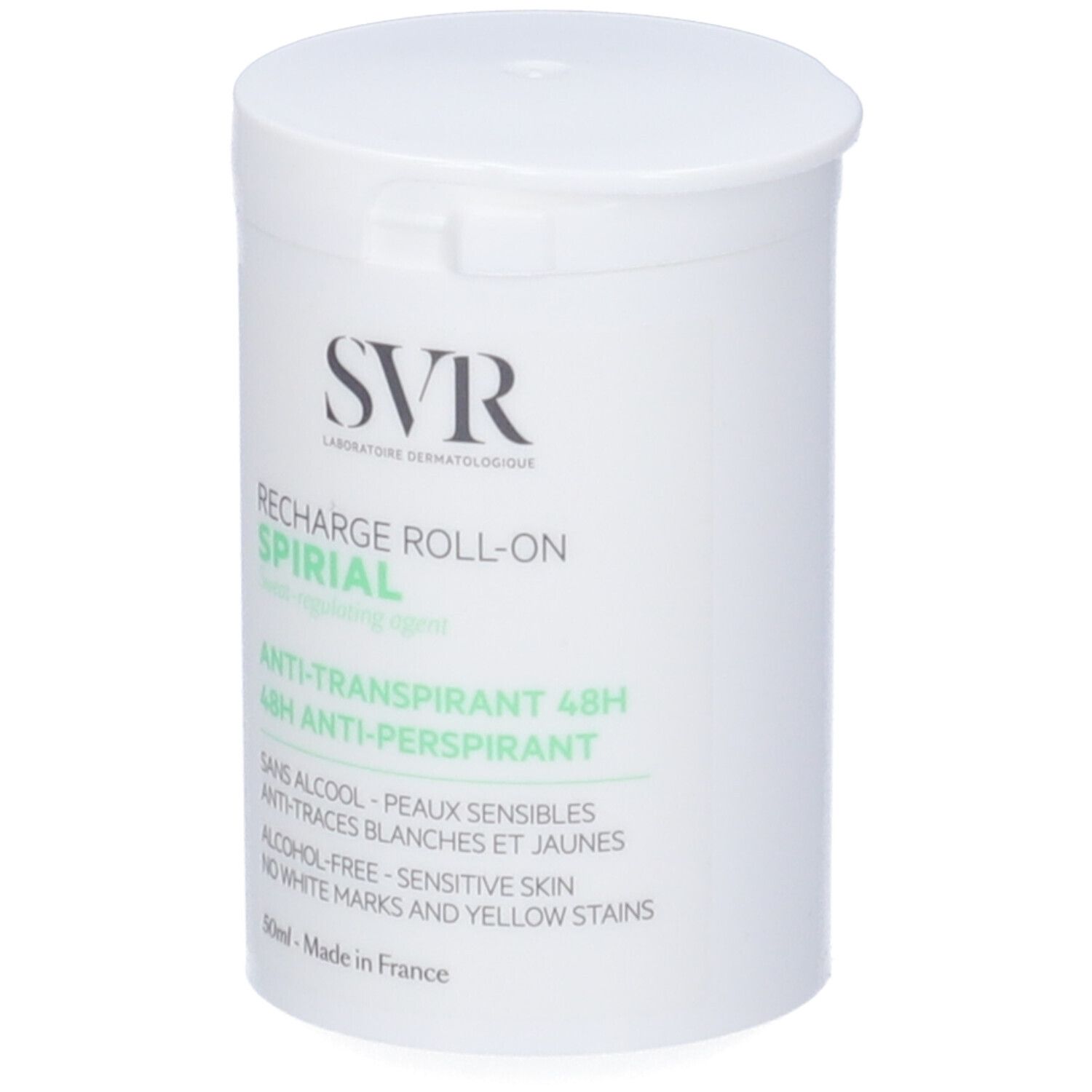Contenitore roll-on bianco con logo SVR e nome del prodotto. Anti-traspirante 48h. Senza alcool, pelli sensibili.