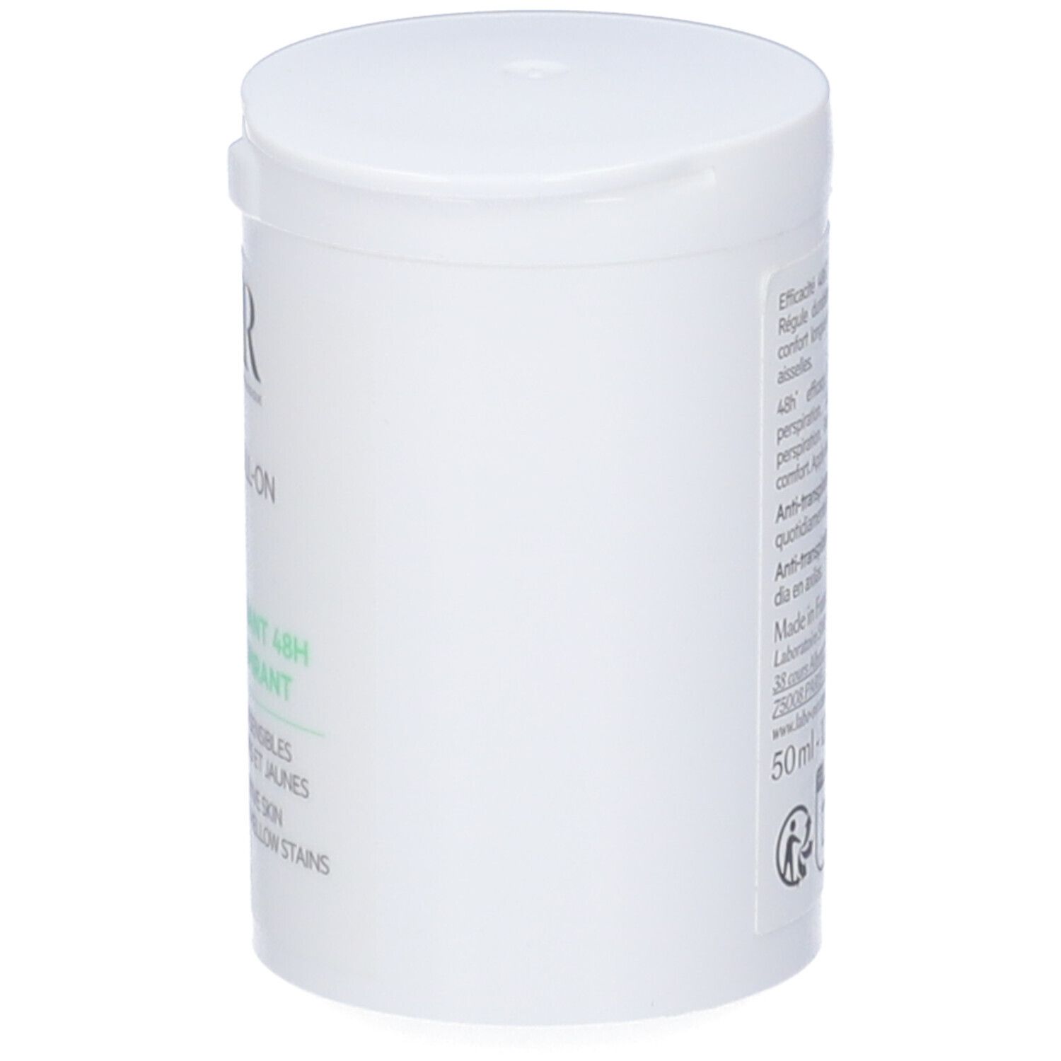 Contenitore roll-on bianco con logo SVR e nome del prodotto. Anti-traspirante 48h. Senza alcool, pelli sensibili.