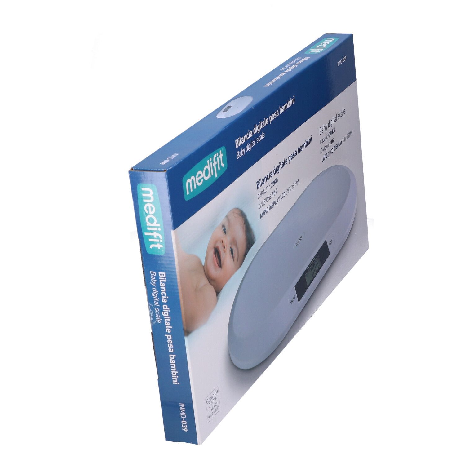Confezione bilancia neonati. Scatola blu con immagine e testo. Bilancia digitale con display LCD. Marchio: medifit.