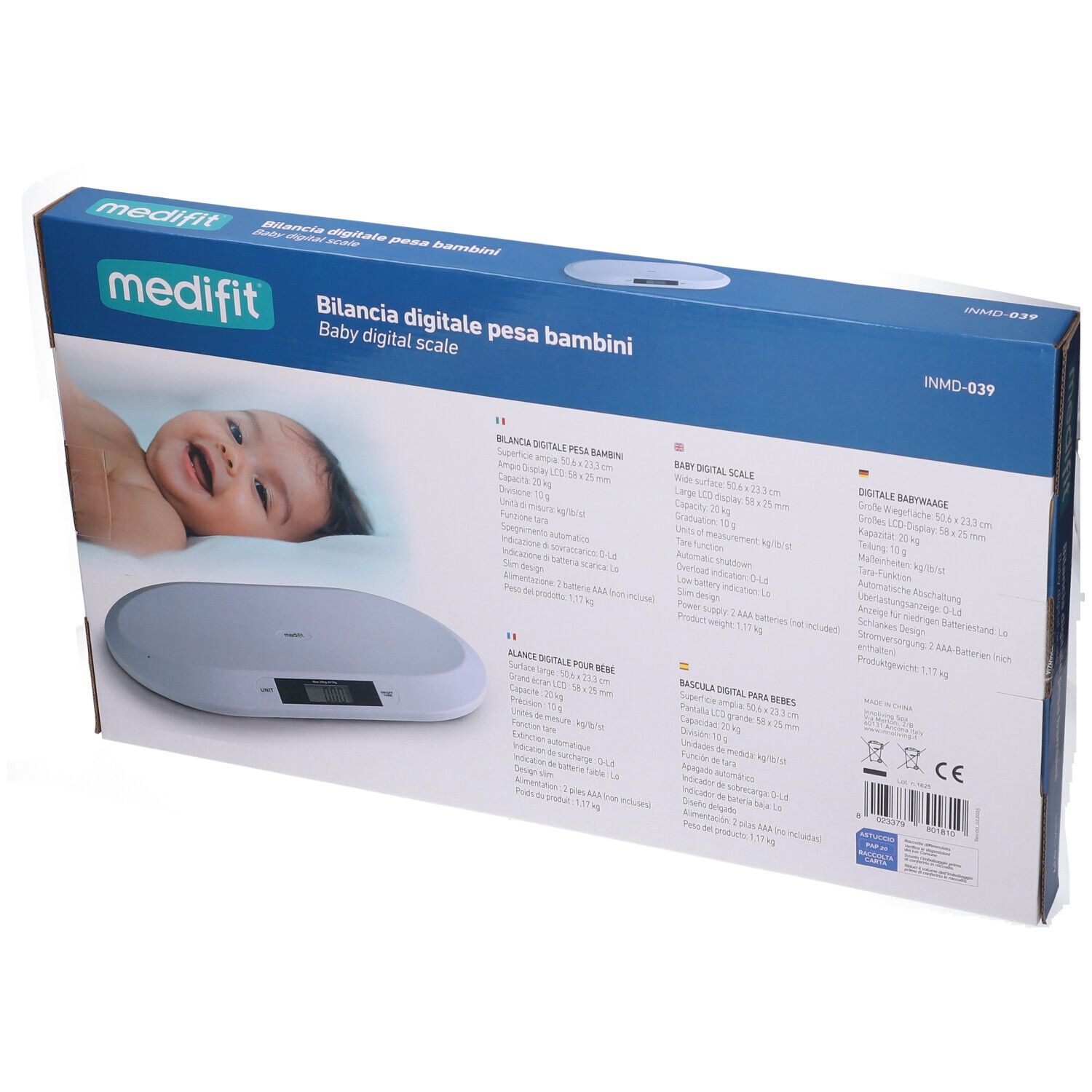 Confezione bilancia neonati. Scatola blu con immagine e testo. Bilancia digitale con display LCD. Marchio: medifit.