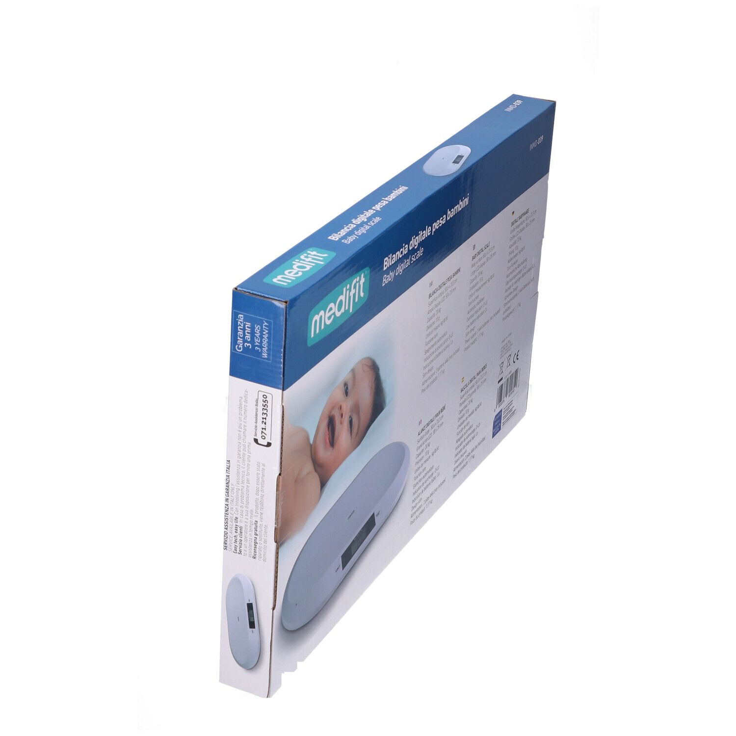 Confezione bilancia neonati. Scatola blu con immagine e testo. Bilancia digitale con display LCD. Marchio: medifit.