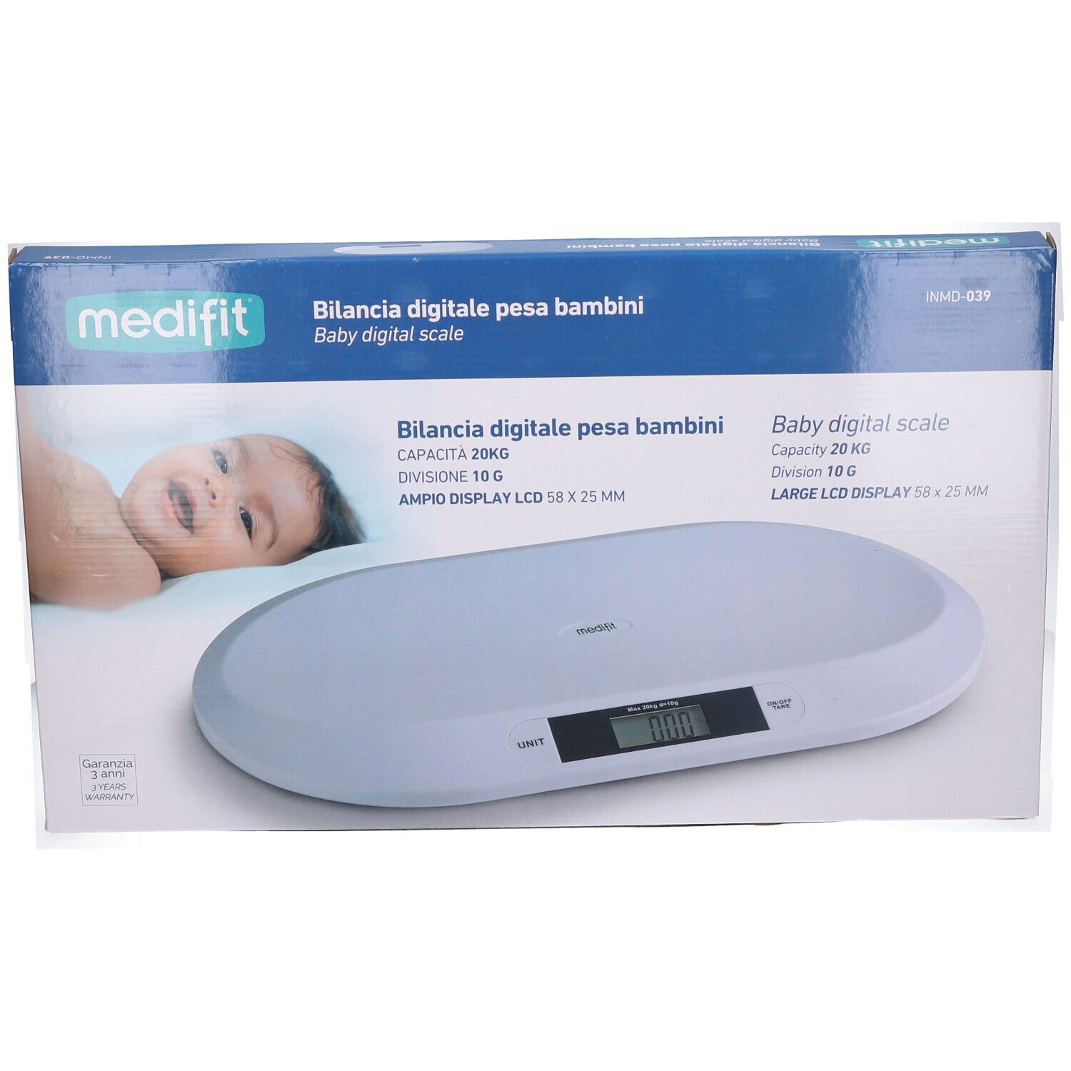 Confezione bilancia neonati. Scatola blu con immagine e testo. Bilancia digitale con display LCD. Marchio: medifit.