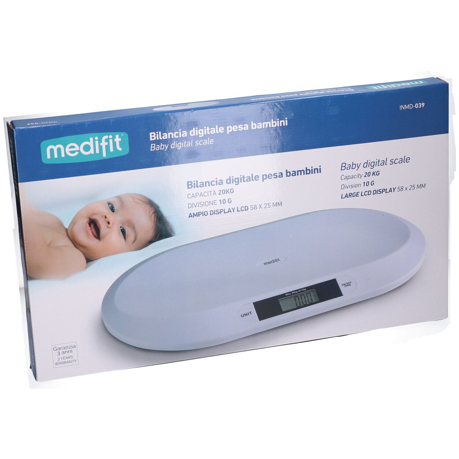 Confezione bilancia neonati. Scatola blu con immagine e testo. Bilancia digitale con display LCD. Marchio: medifit.