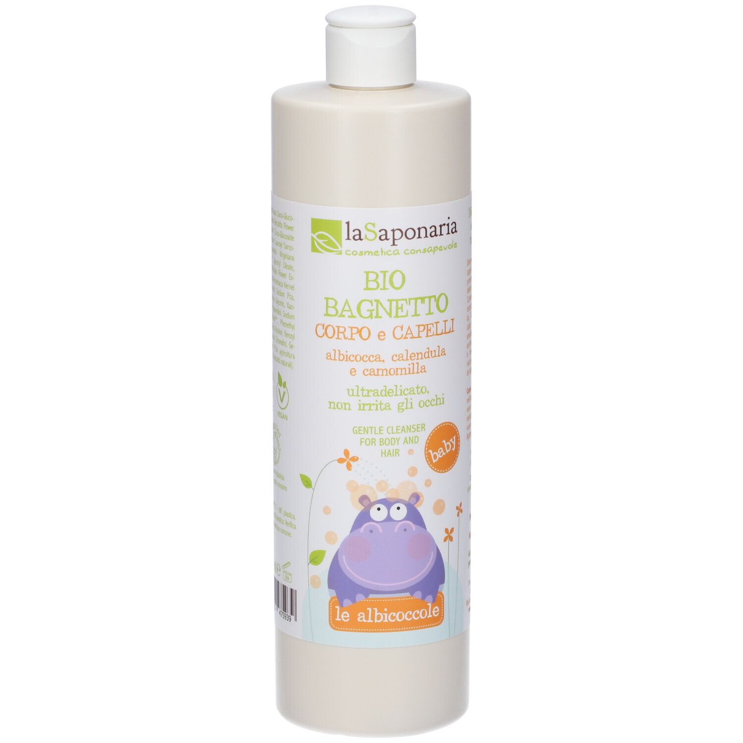 Flacone beige con tappo bianco. Scritta: BIO BAGNETTO, detergente corpo e capelli. Illustrazione di un ippopotamo.