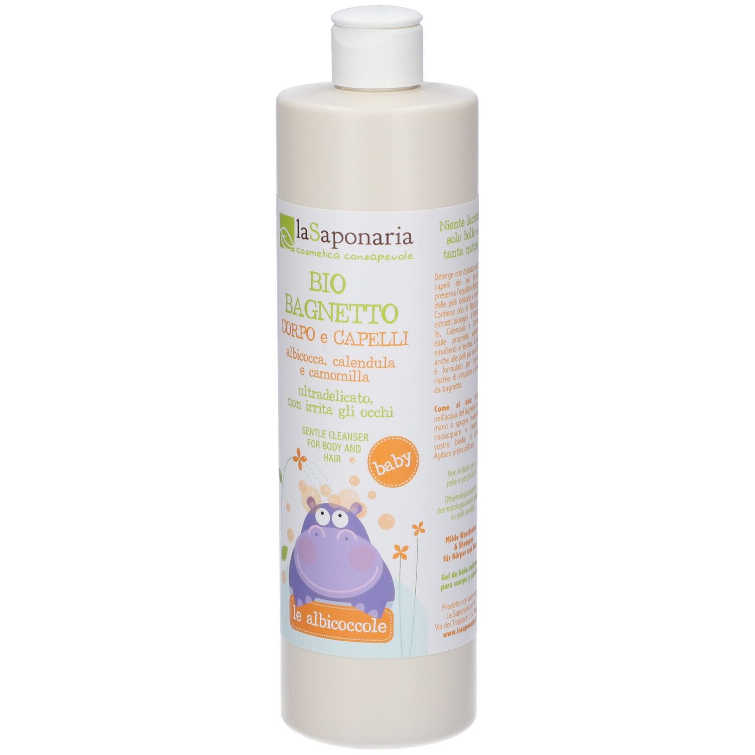 Flacone beige con tappo bianco. Scritta: BIO BAGNETTO, detergente corpo e capelli. Illustrazione di un ippopotamo.
