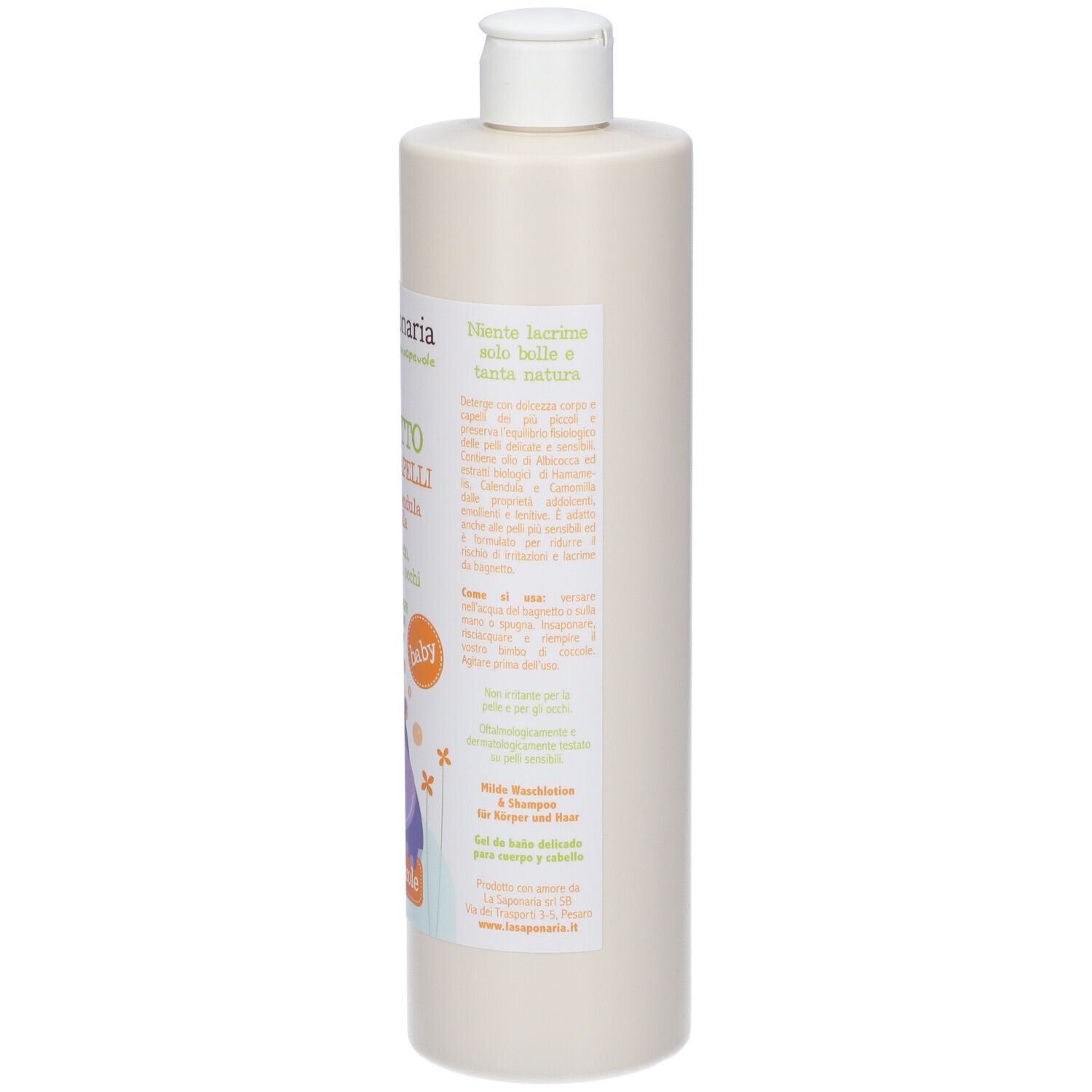 Flacone beige, retro con testo. Scritta: BIO BAGNETTO. Ingredienti e istruzioni per l'uso.