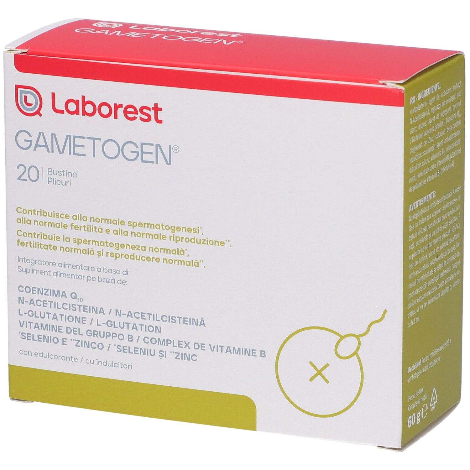Confezione di GAMETOGEN, 20 bustine. Logo e informazioni sul prodotto sul fronte. Verde, rosso e bianco.