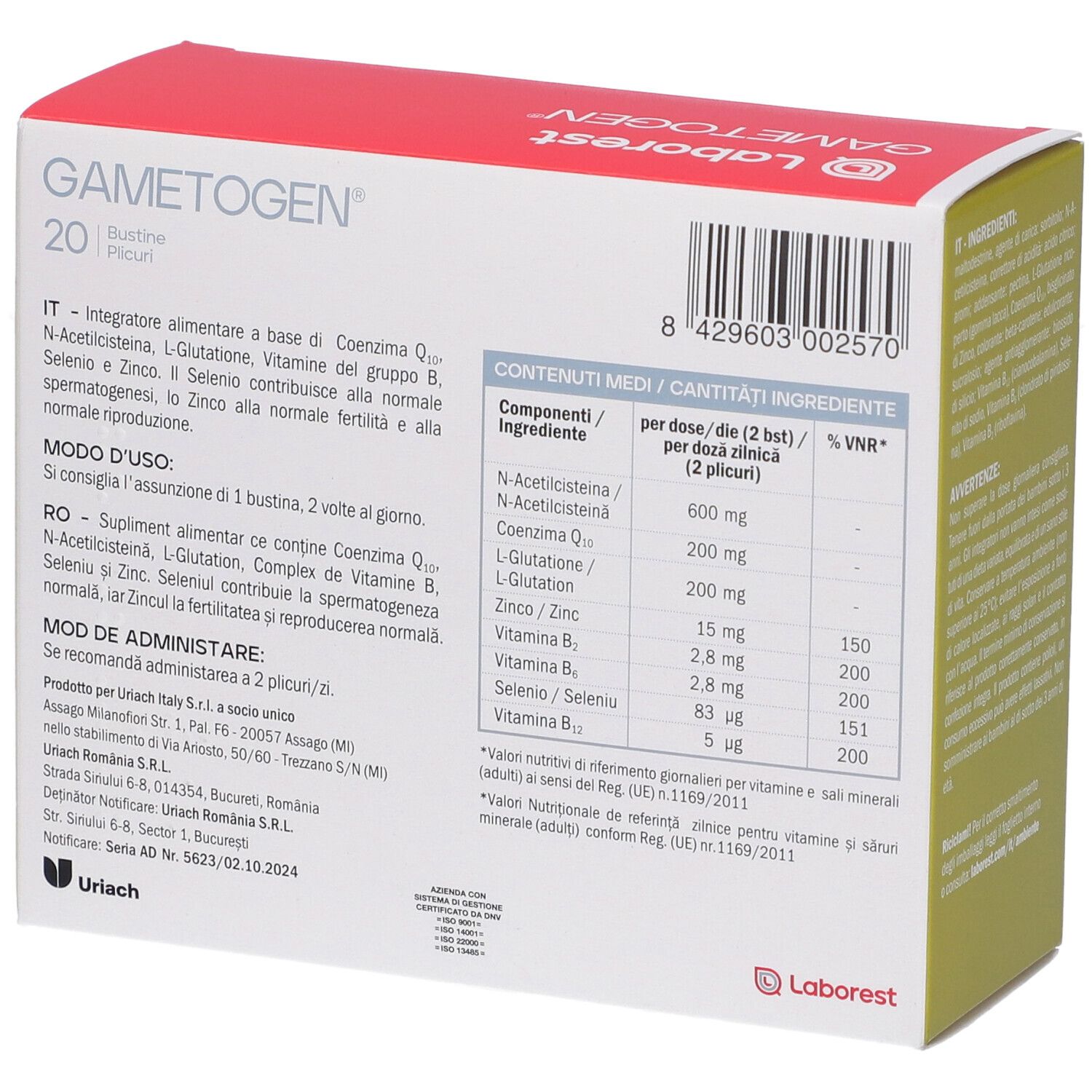 Confezione di GAMETOGEN. Retro con informazioni nutrizionali. Verde, rosso e bianco.