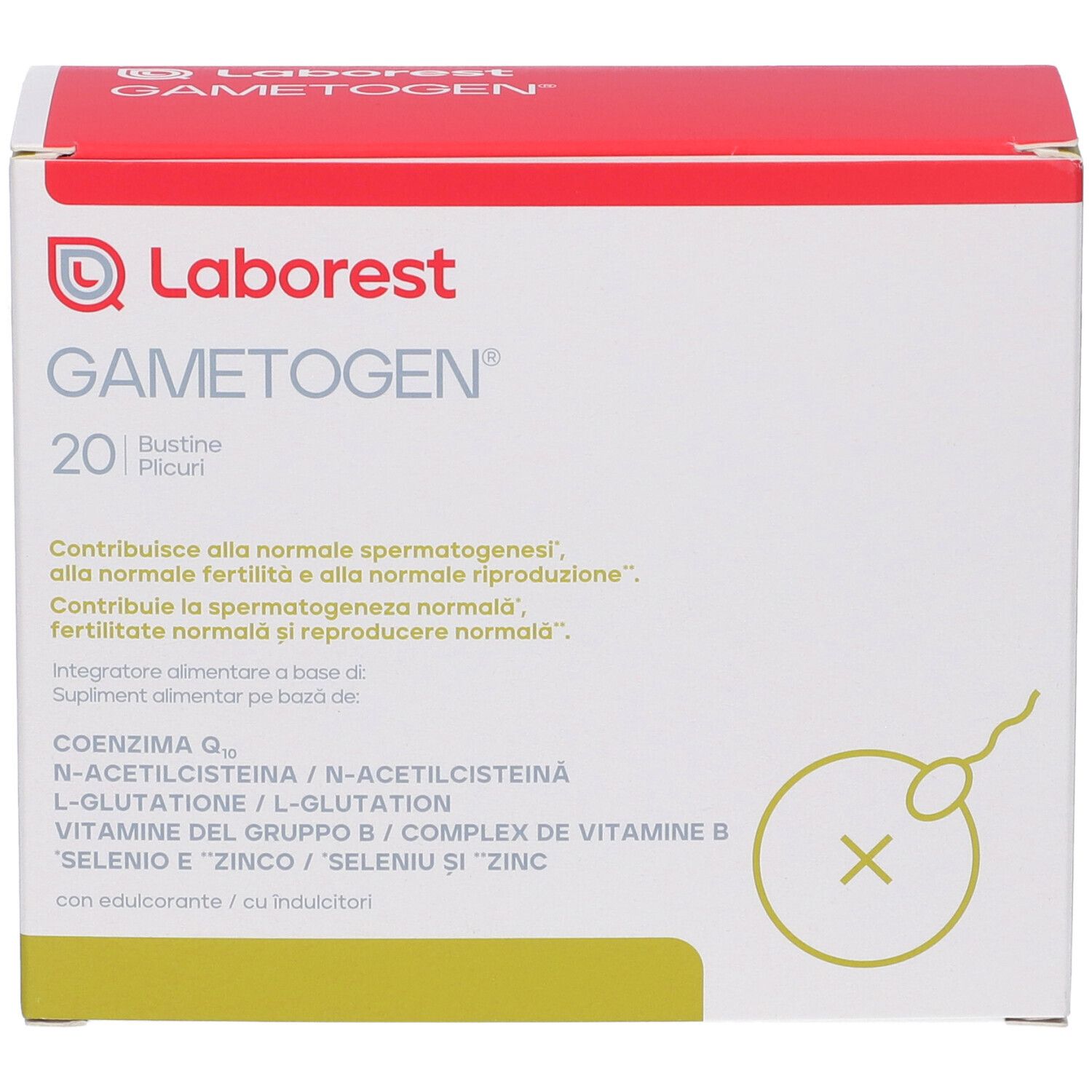 Confezione di GAMETOGEN, 20 bustine. Logo e informazioni sul prodotto sul fronte. Verde, rosso e bianco.