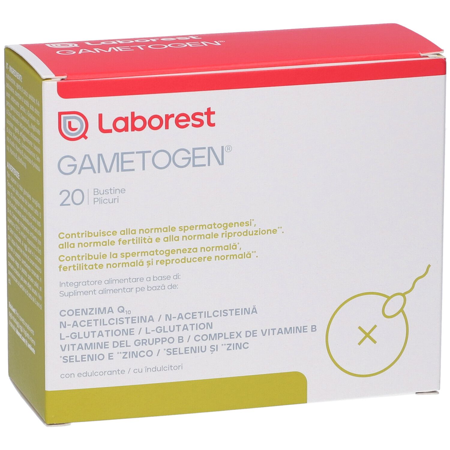 Confezione di GAMETOGEN, 20 bustine. Logo e informazioni sul prodotto sul fronte. Verde, rosso e bianco.