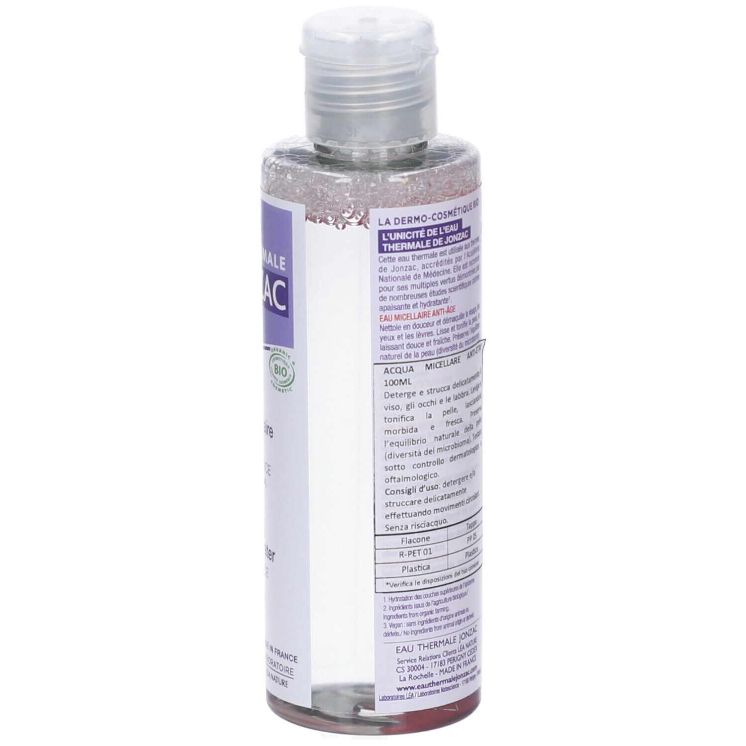 Flacone con etichetta viola. Testo: JONZAC, Eau Thermale, Anti-âge. Retro con testo. Tappo trasparente.