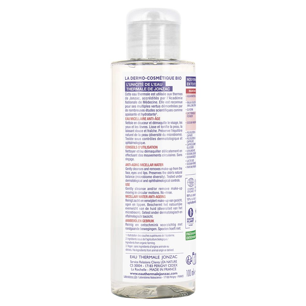 Retro del flacone con testo. Contiene informazioni sul prodotto, ingredienti e produttore. Con sigillo bio e logo vegano.