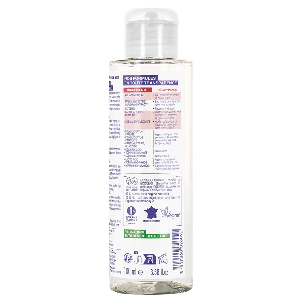 Liquido trasparente in flacone trasparente con etichetta che elenca ingredienti e certificazioni. 100 ml.