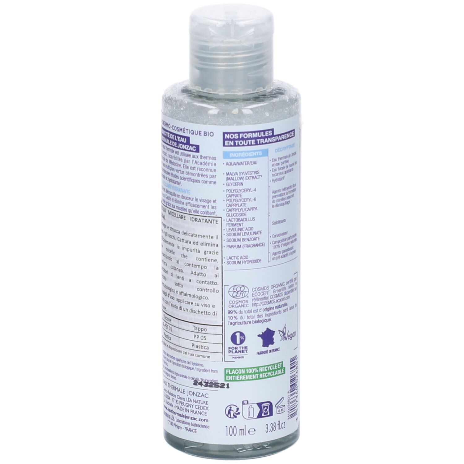 Retro del flacone. Testo: Eau Thermale Jonzac, ingredienti, 100ml, flacone 100% riciclabile, certificazione Bio.