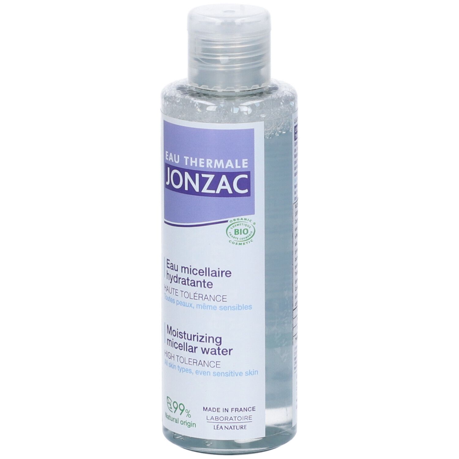 Flacone trasparente con etichetta viola. Testo: Eau Thermale Jonzac, Eau micellaire hydratante, Moisturizing micellar water.