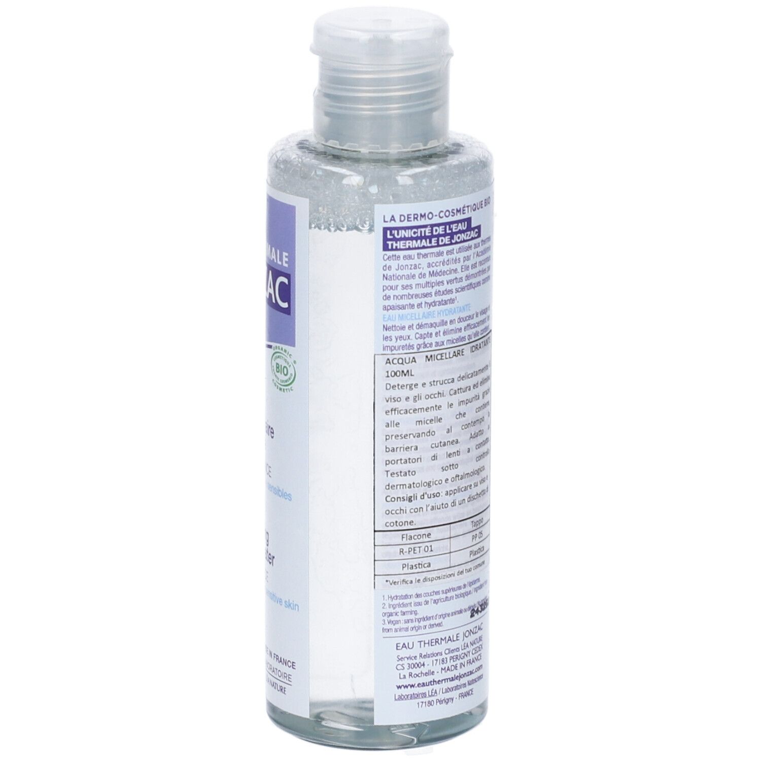 Retro del flacone. Testo: Eau Thermale Jonzac, ingredienti, 100ml, certificazione Bio, flacone 100% riciclabile.