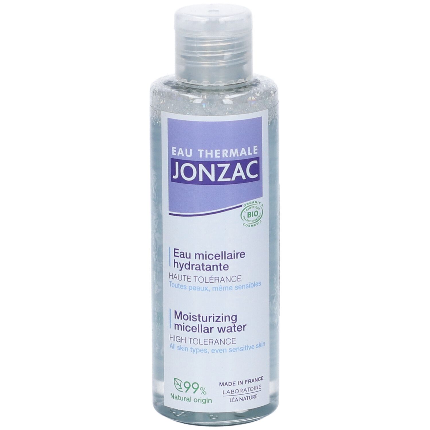 Flacone trasparente con etichetta viola. Testo: Eau Thermale Jonzac, Eau micellaire hydratante, Moisturizing micellar water.