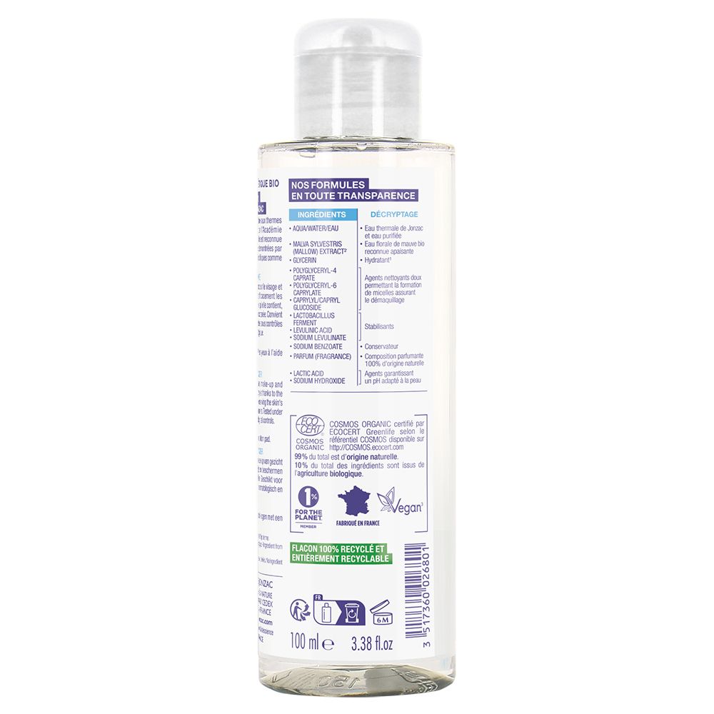 Retro del flacone Jonzac Acqua Micellare Idratante Rehydrate. Contiene ingredienti, logo riciclo, logo vegano e 100ml.