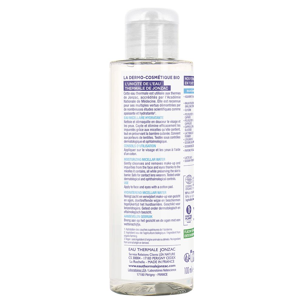 Retro del flacone Jonzac Acqua Micellare Idratante Rehydrate. Testo sull'uso e sugli ingredienti. 100ml.