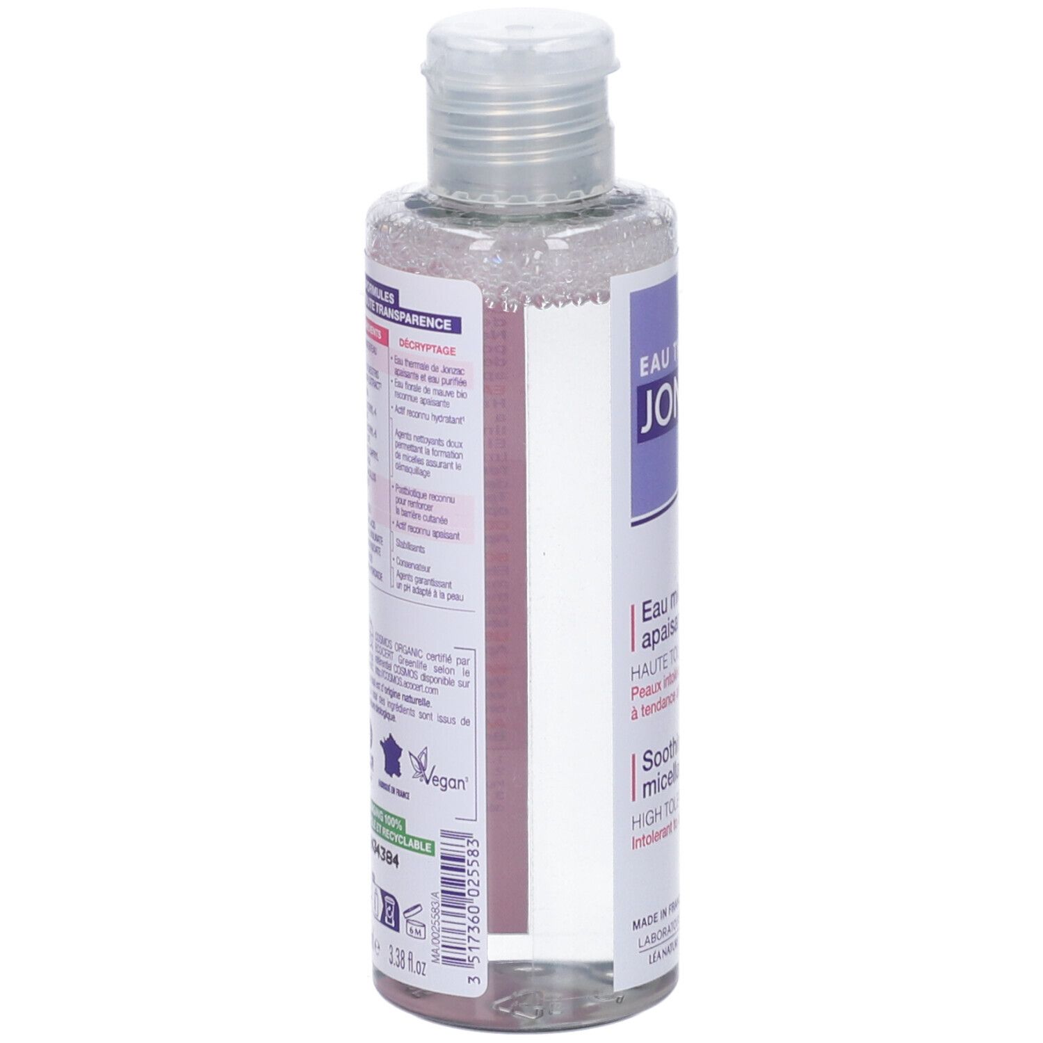 Vista posteriore del flacone. Scritte: informazioni sul prodotto, ingredienti, logo Vegan, logo di riciclaggio.