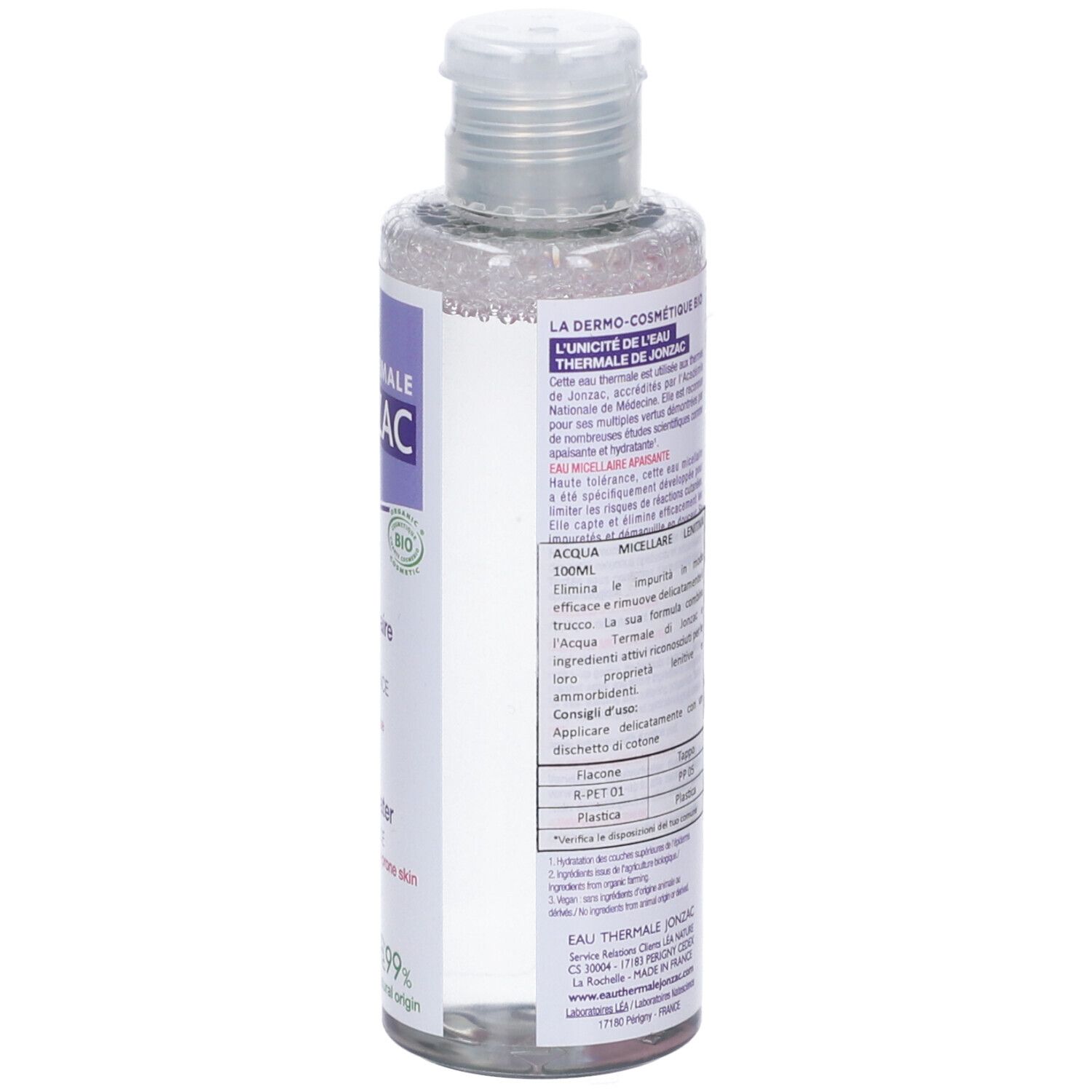 Vista posteriore del flacone. Scritte: informazioni sul prodotto, ingredienti, confezione riciclabile al 100%.