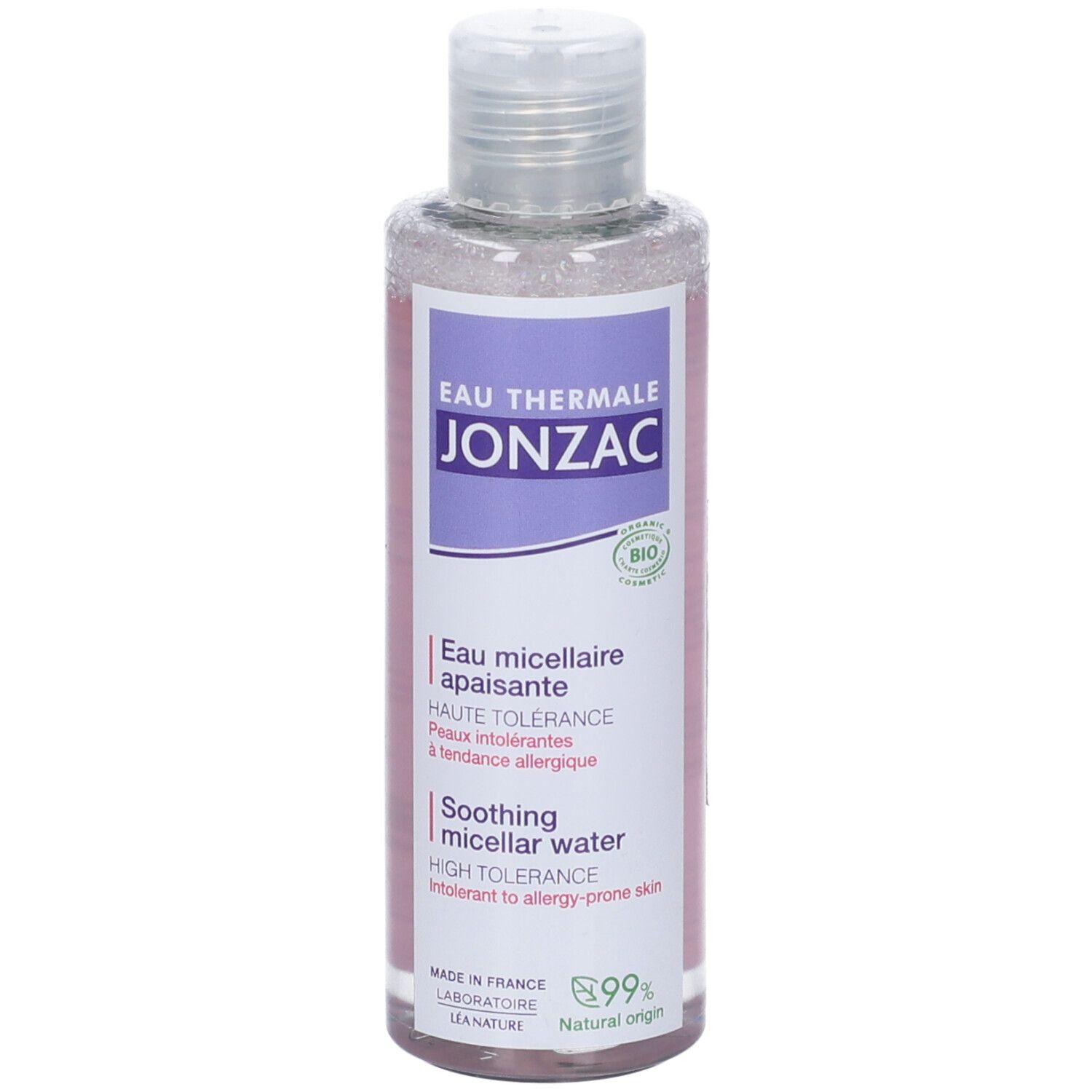 Flacone trasparente con tappo bianco. Scritte: Eau Thermale Jonzac, Eau micellaire apaisante, Soothing micellar water.