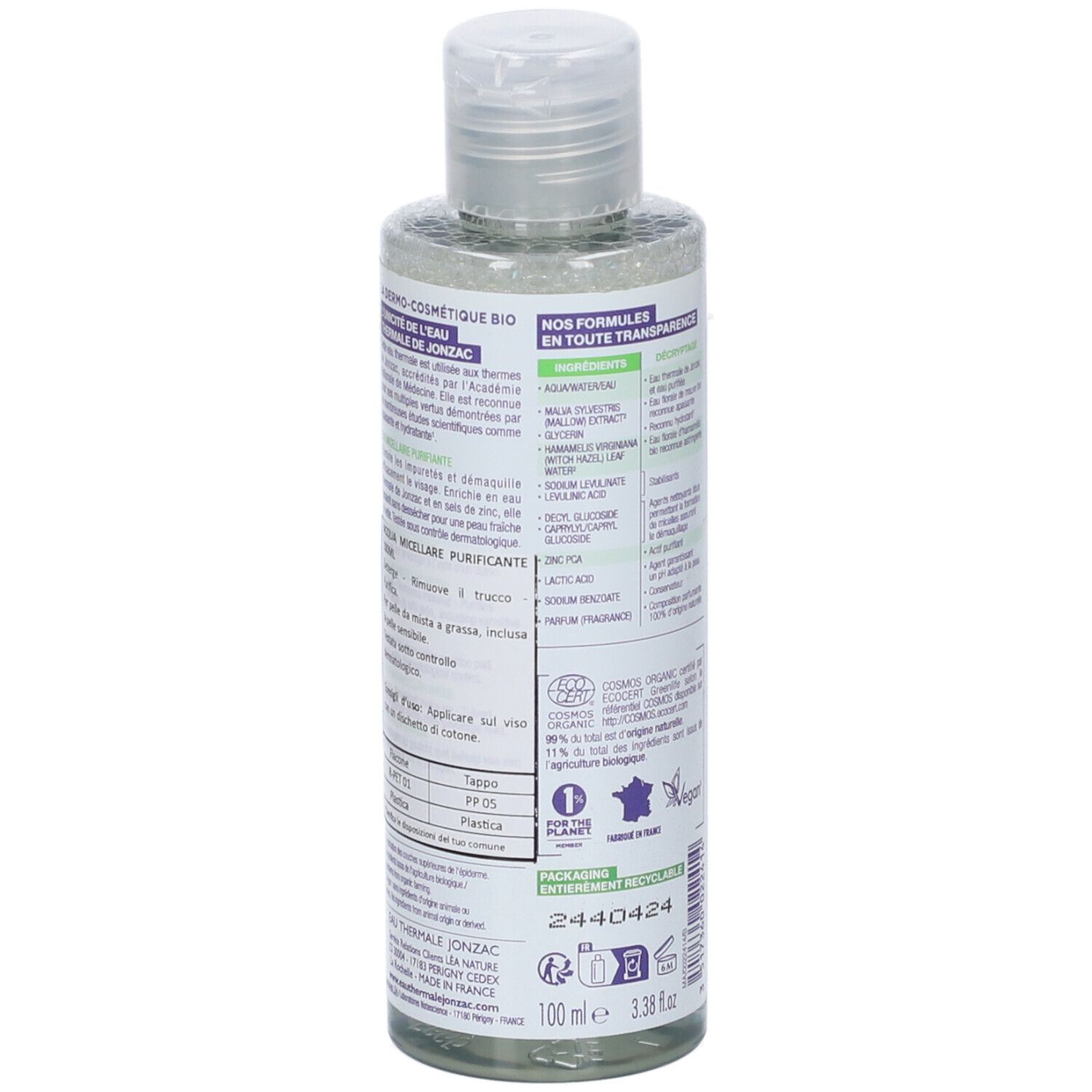 Flacone trasparente con tappo bianco. Etichetta con testo e ingredienti. Certificazione Bio.